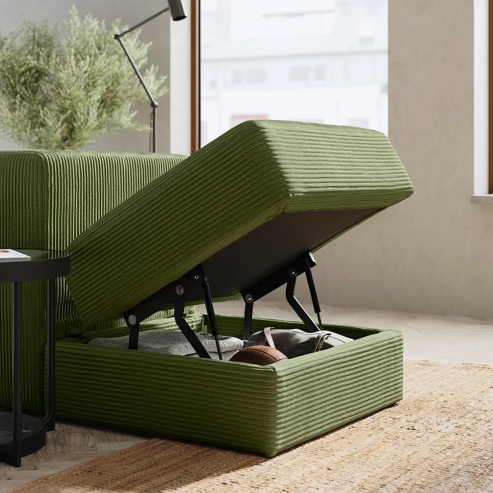 JÄTTEBO green sofa with storage. Modern style, raised edges, soft fabric, open storage compartment.