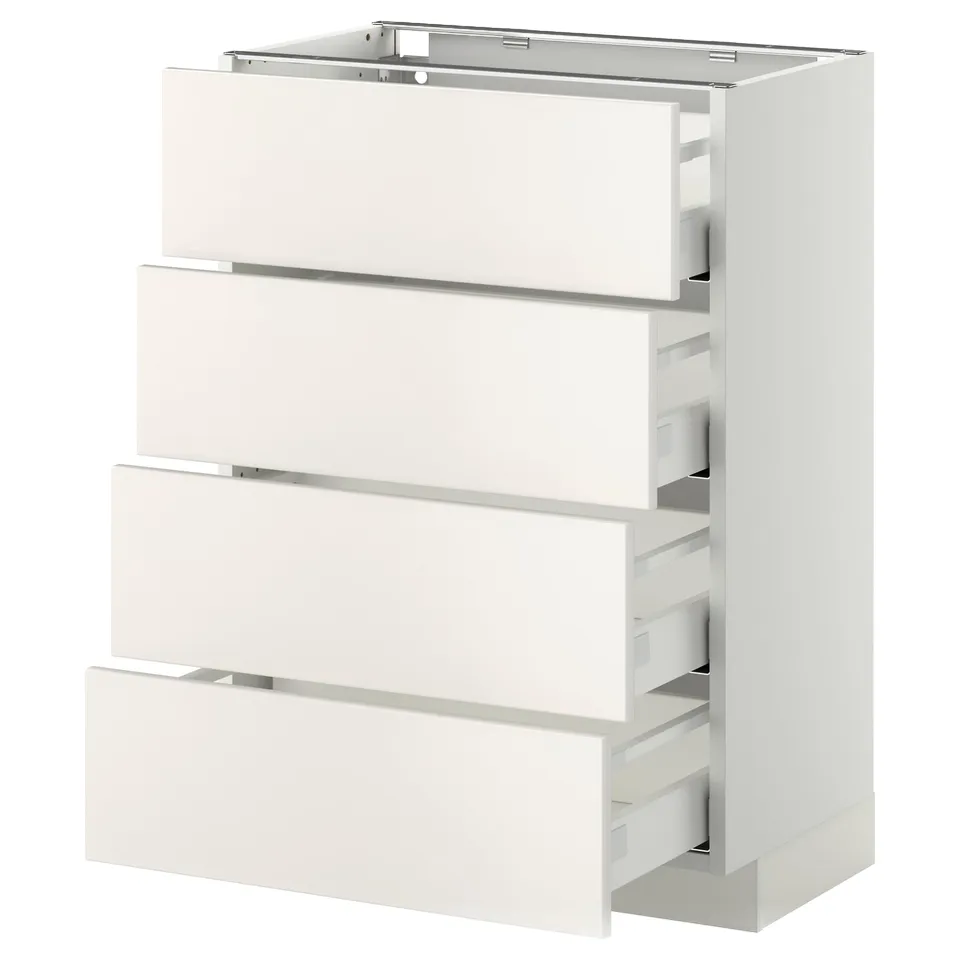 A white METOD kitchen cabinet with four full-extension drawers. It a clean, modern design with smooth lines and a sturdy frame.