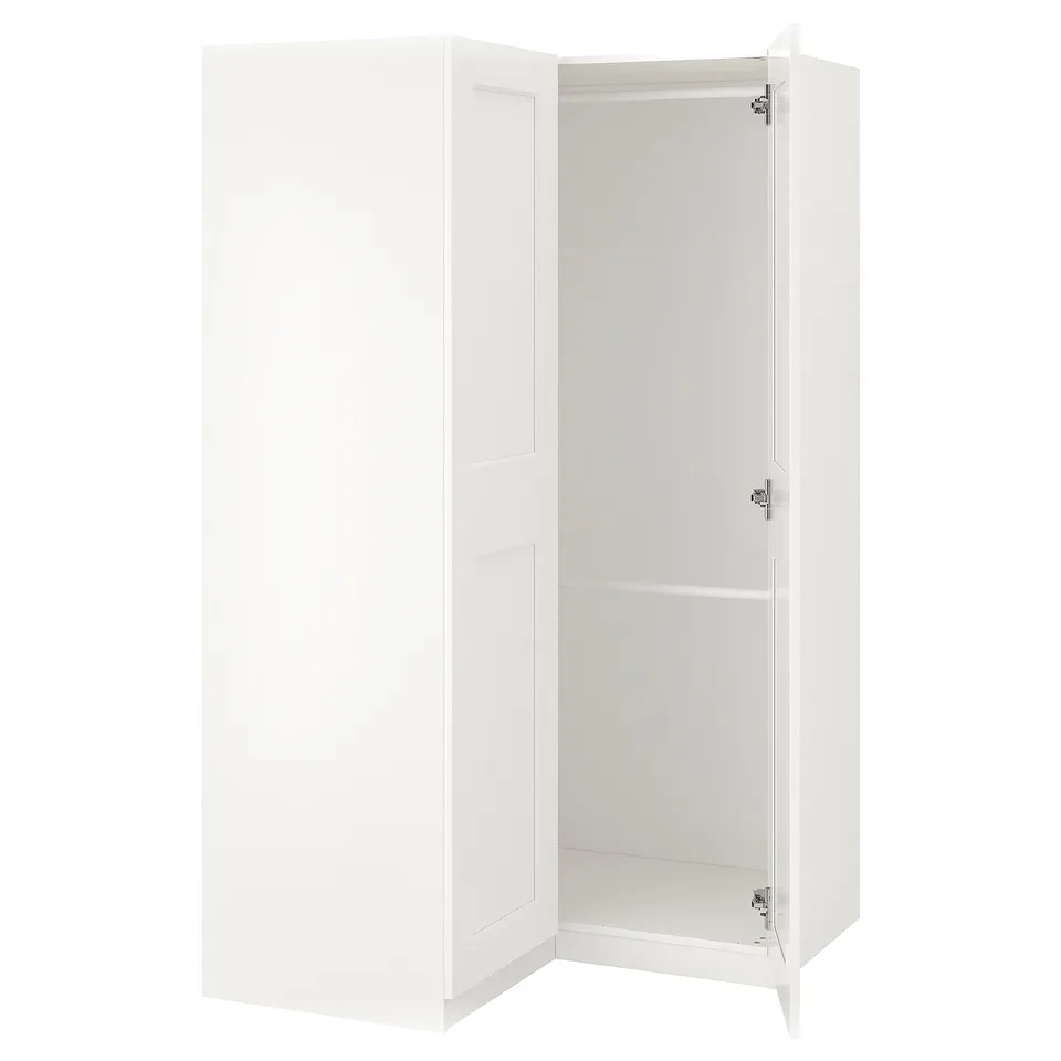 White PAX wardrobe with open door, featuring a simple and modern design, made from particleboard and fiberboard.