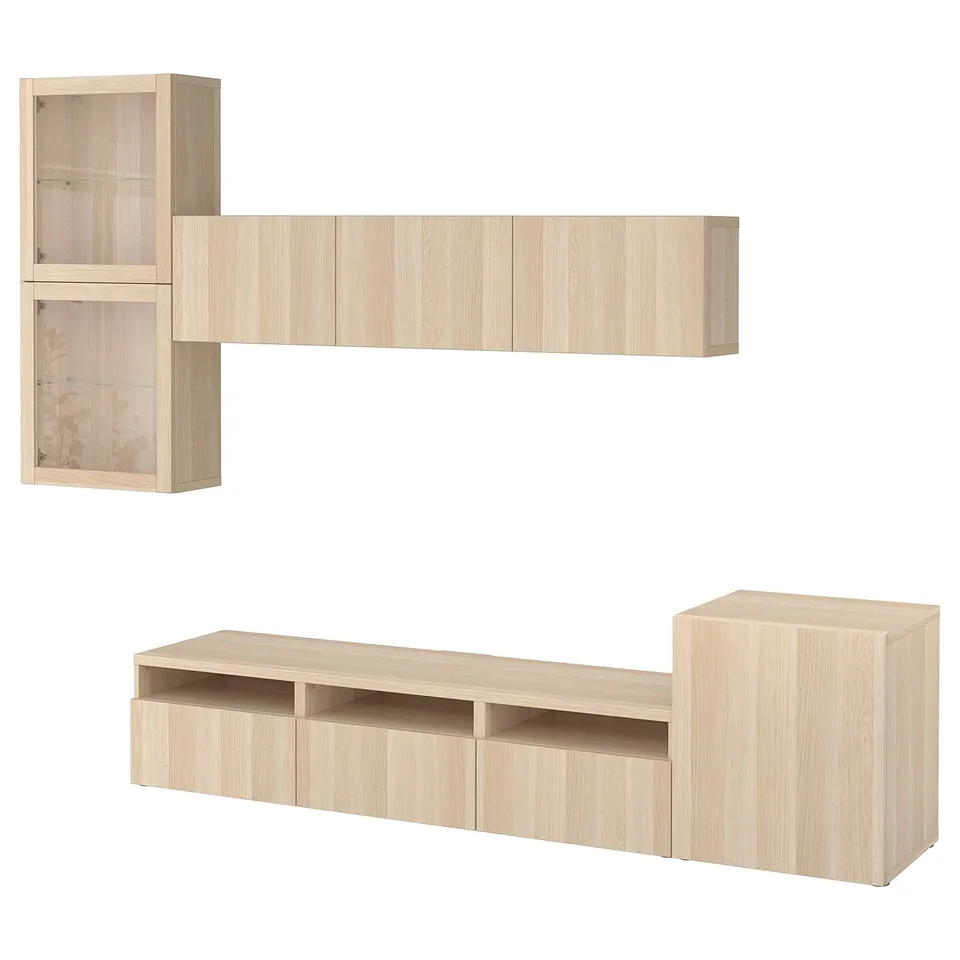Light wood ikea BESTÅ storage units: wall cabinet, long tv bench, and small cabinet.