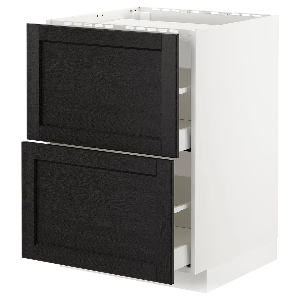 METOD kitchen cabinet with black drawers.
