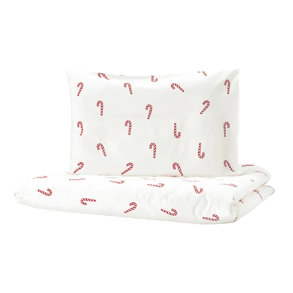 LÖVSÅNGARE Duvet cover 1 pillowcase for cot, candy cane pattern, 110x125/35x55 cm