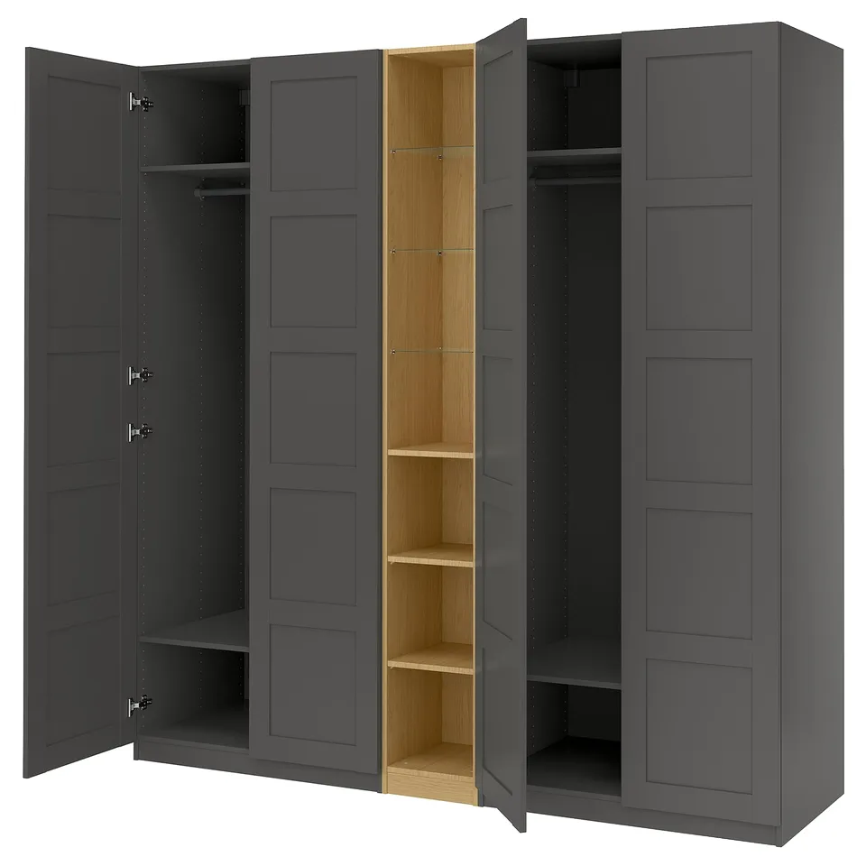 PAX / BERGSBO Wardrobe combination, dark grey dark grey/oak effect, 235x60x236 cm