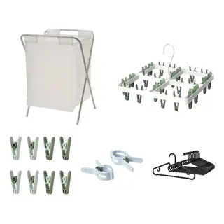 JÄLL/SLIBB/SPRUTTIG set: laundry bag with stand + hang dryer 24 clothes pegs + clothes peg + large peg + hanger, white + green + blue/green + black, 50 l