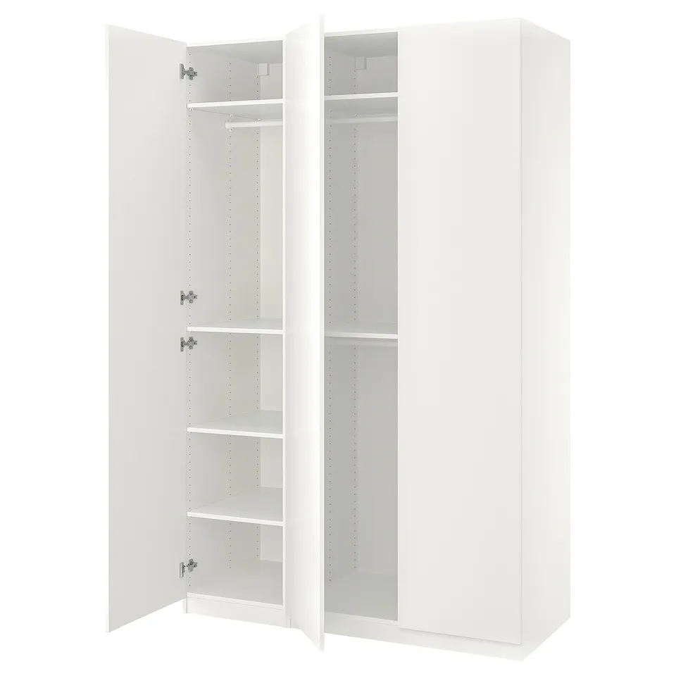 White ikea PAX wardrobe with open doors, white shelves, hinges, and minimalist design.