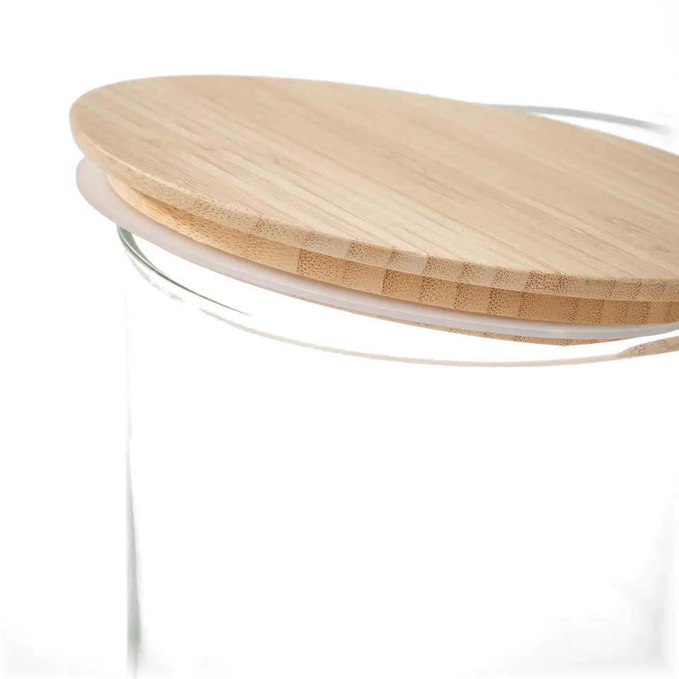Round jar with wooden lid, clear glass body and silicone ring, high quality, stylish storage.