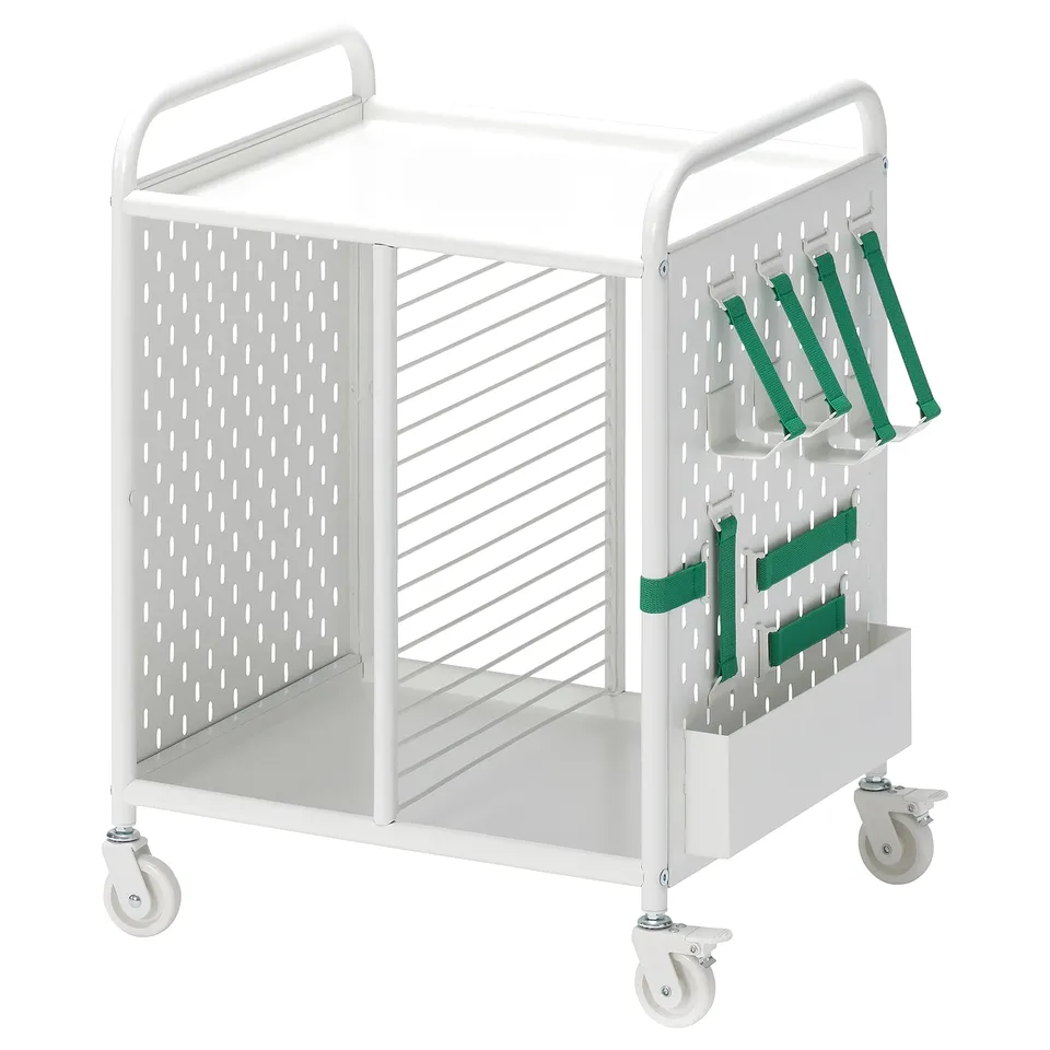 BRÄNNBOLL white rolling gaming cart, green straps, ventilated, adjustable, locks casters.