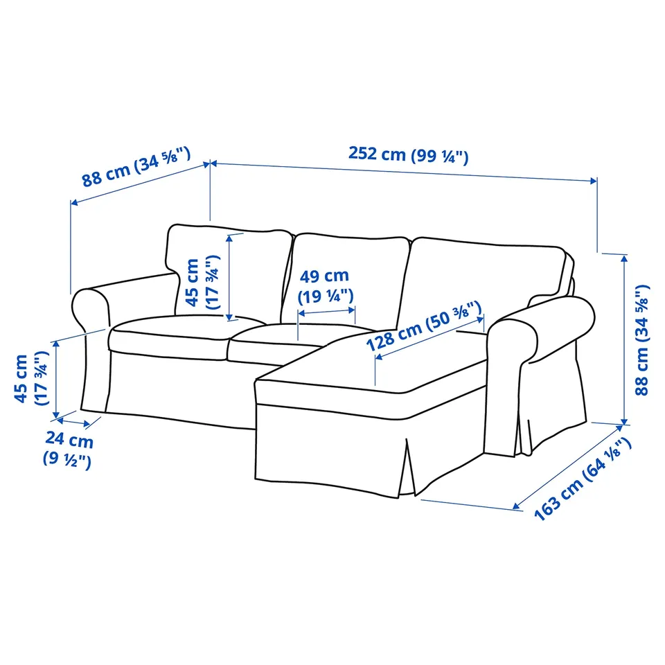 Illustration with measurements for the product: EKTORP.