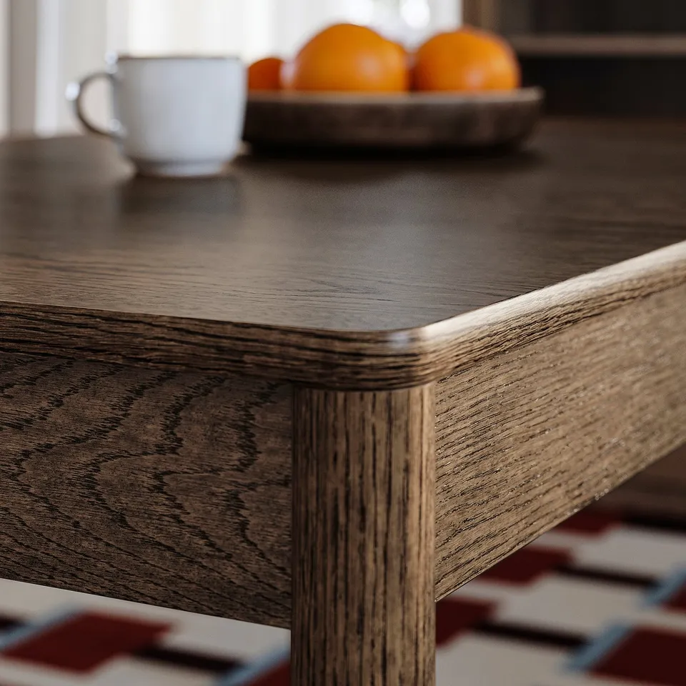 Wooden dining table with smooth edges, natural grain. With white mug and tray of oranges.