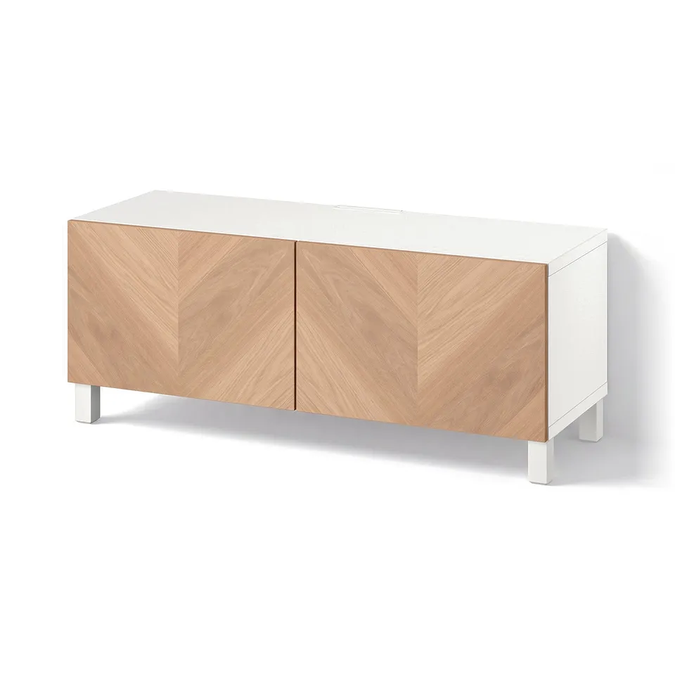 BESTÅ TV bench with doors, white Hedeviken/Stubbarp/oak veneer, 120x42x48 cm