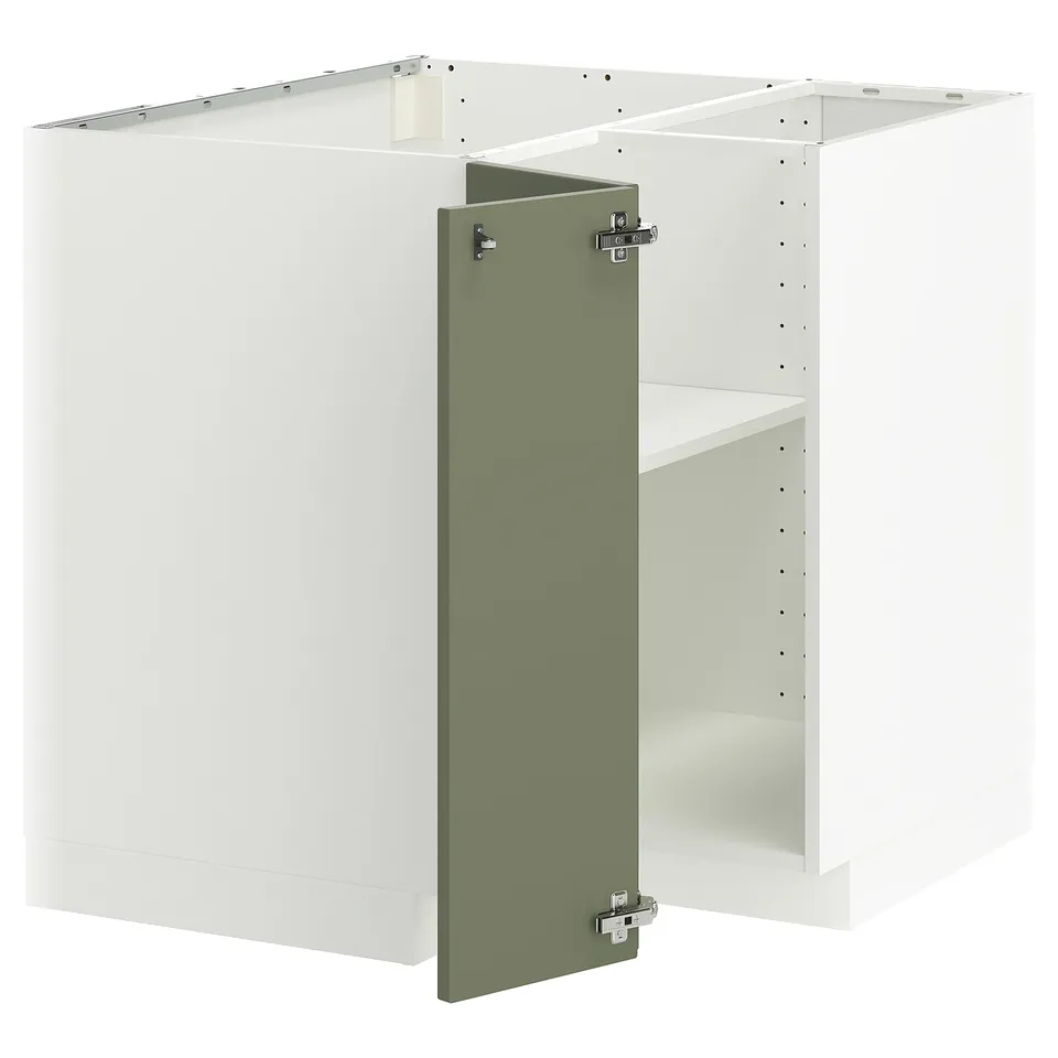 White and green METOD kitchen unit with shelves. Corner design, sturdy frame, and grey-green door.