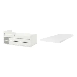 SLÄKT/ÅRBERGET set: bed frm w strg+guard rl+slat bd bse + natural latex mattress, white + medium firm white, 90x200 cm