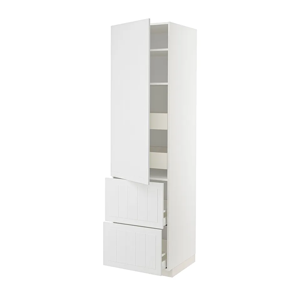 White METOD kitchen cabinet with adjustable shelves and drawers.