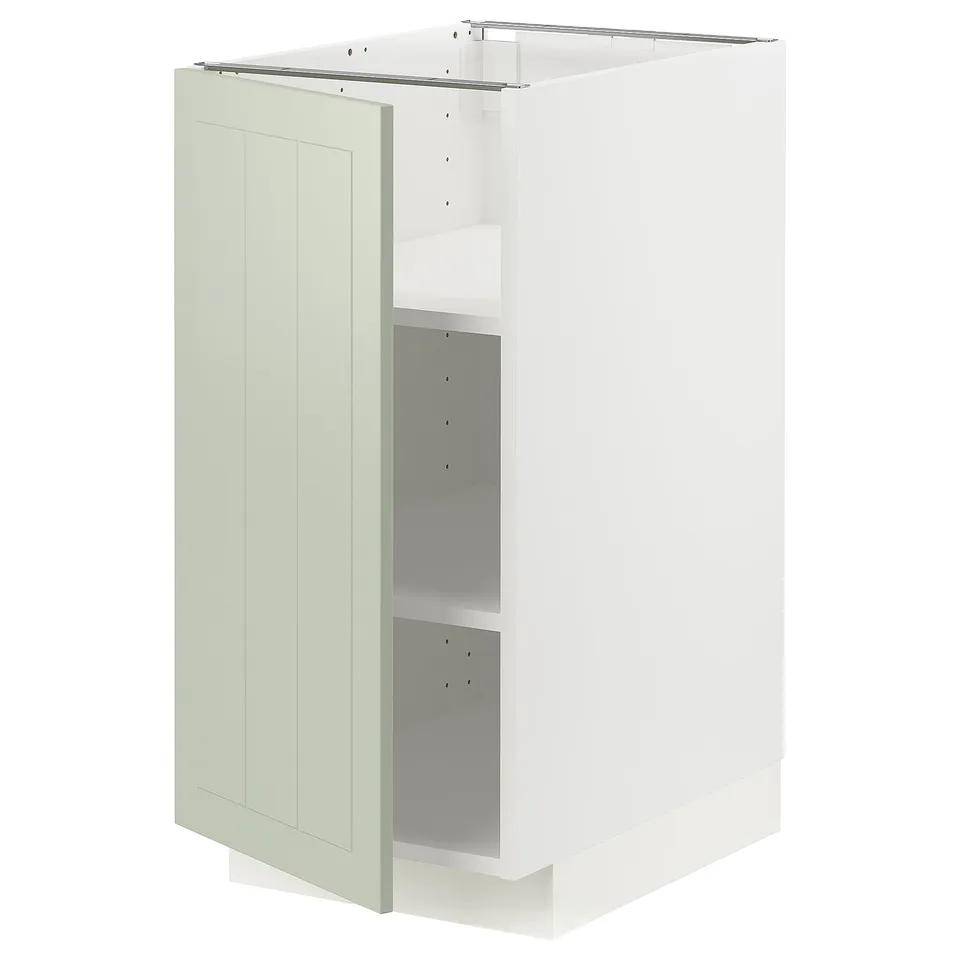 A white METOD kitchen cabinet with a green stensund door, rectangular with a flat surface and panel design.