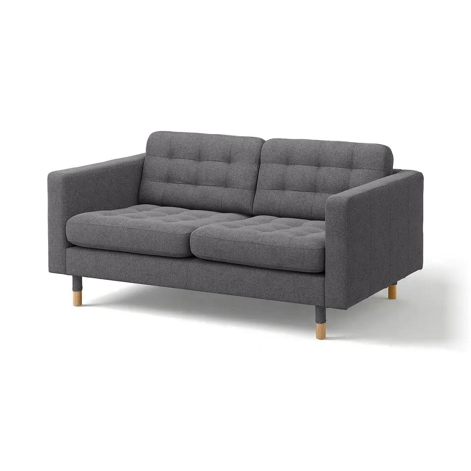 A modern, grey fabric loveseat with button-tufted cushions, sleek wooden legs, and a minimalist design ideal for contemporary spaces.