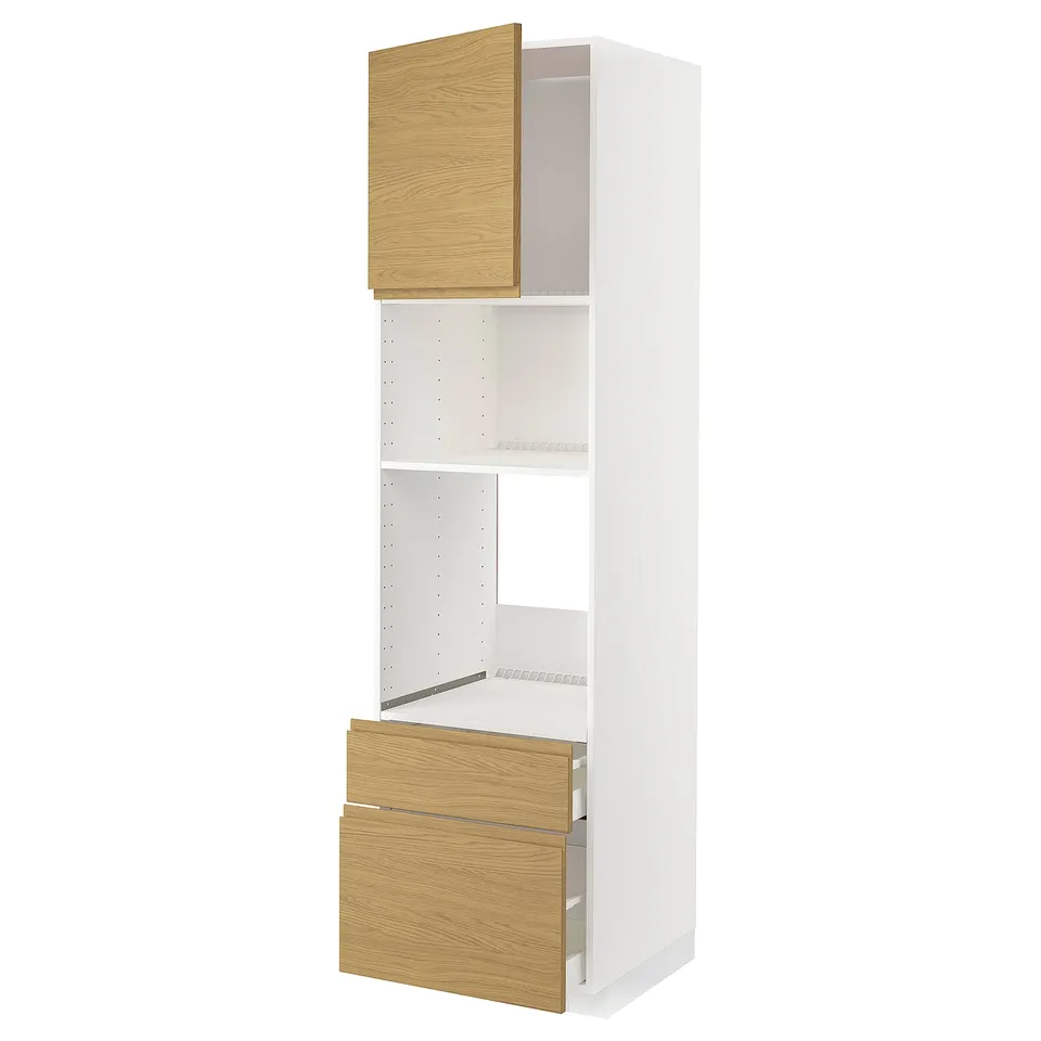 White METOD kitchen cabinet with oak doors, tall unit with door & drawers, modern minimalist style.