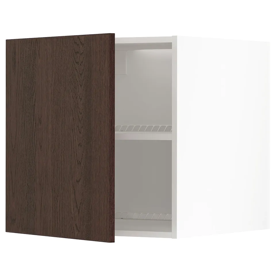 An open METOD kitchen cabinet with dark brown sinarp wood doors, white interior, and adjustable shelves.