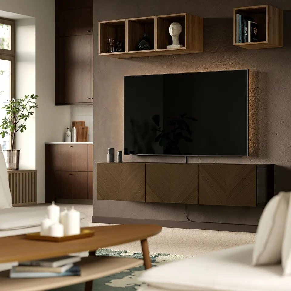BESTÅ TV bench with doors, black-brown Hedeviken/brown stained oak veneer, 180x42x38 cm