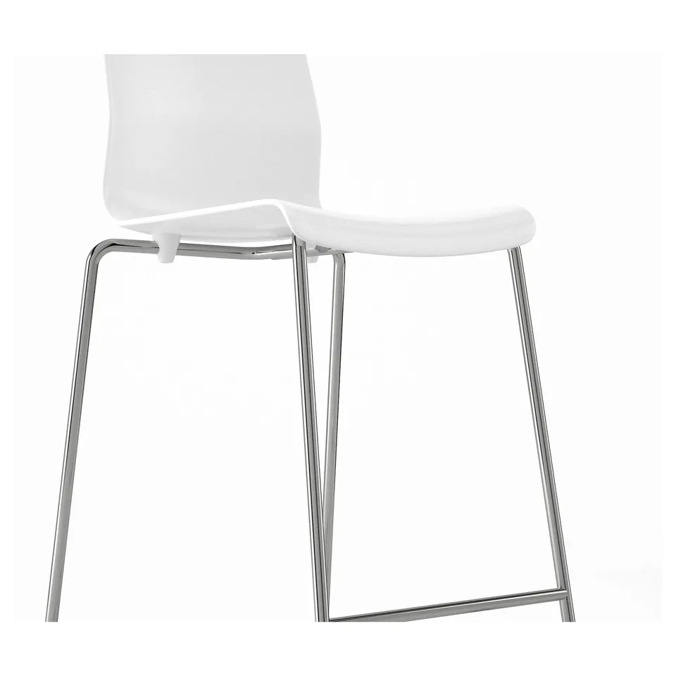 Modern white stool with sleek chromium frame, stackable design, suitable for contemporary spaces.