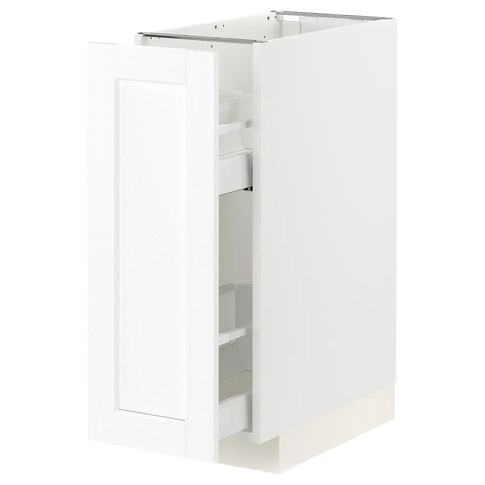 White METOD kitchen cabinet with pull-out shelves and drawer.