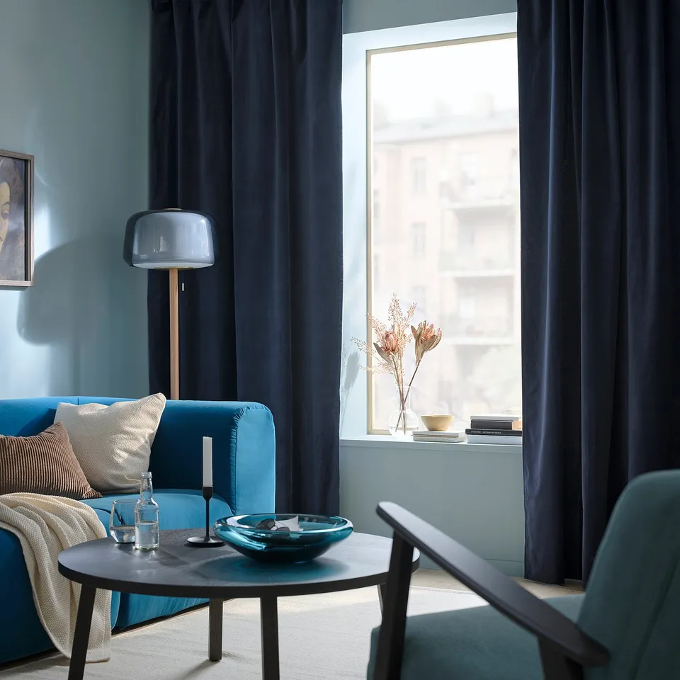 SANELA Curtains, 1 pair, dark blue/with heading tape, 140x300 cm