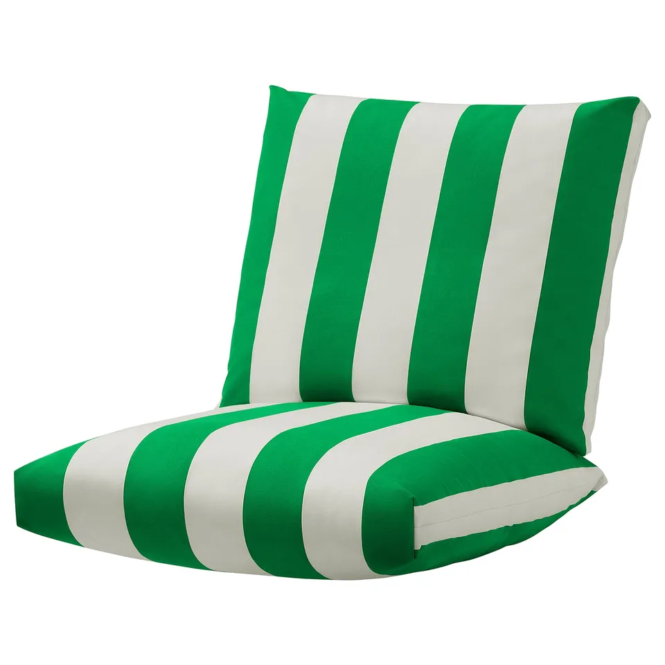 ÖNNESTAD cushion set: green-white stripes, soft polyurethane foam, rectangular with rounded corners.