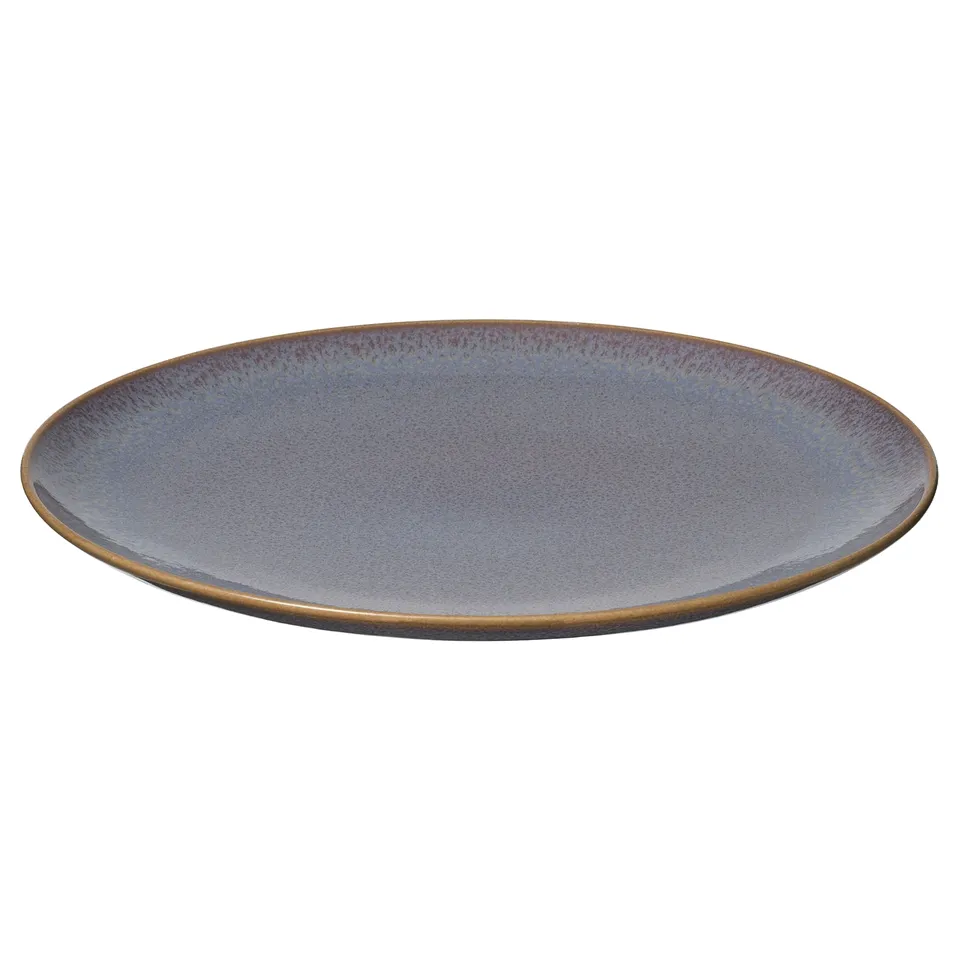 FÄRGKLAR blue stoneware plate, simple design, rounded shape, textured glaze.