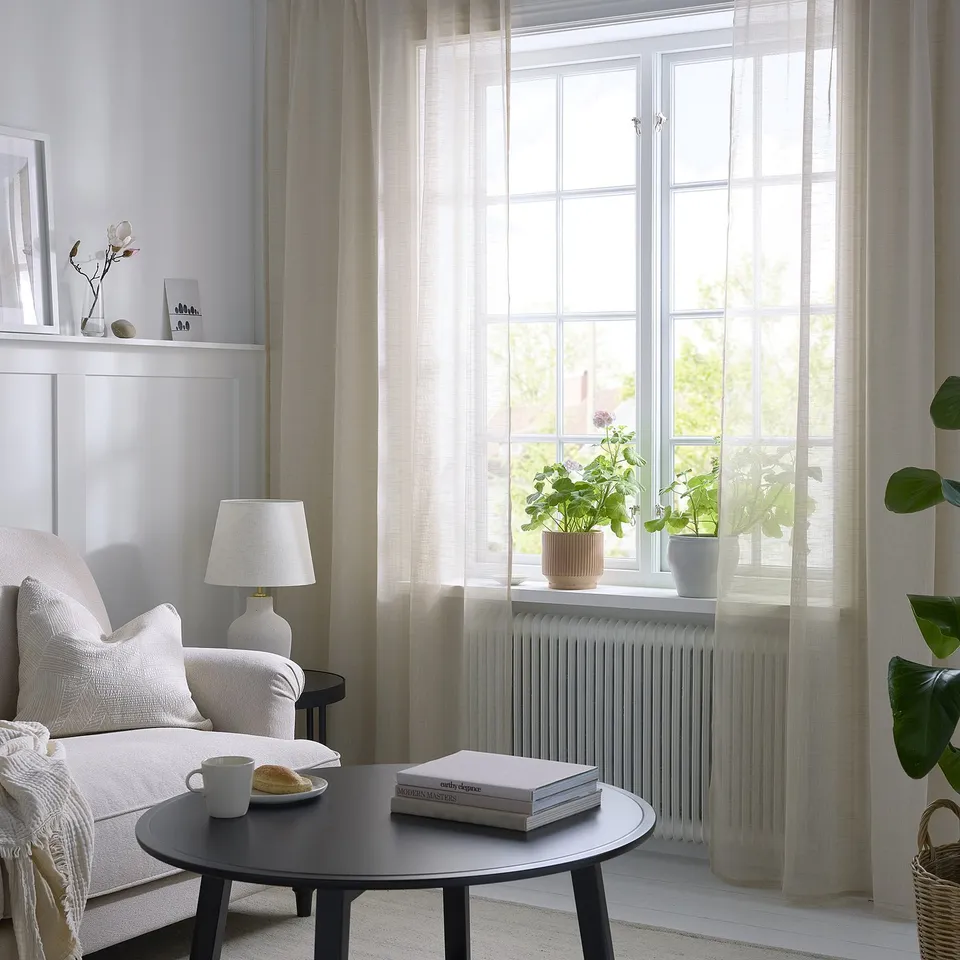 HÄLLEBRÄCKA Sheer curtains, 1 pair, light beige/with heading tape, 145x300 cm