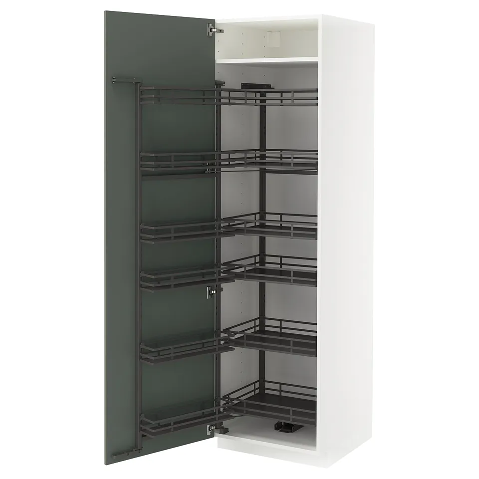 Modern kitchen cabinet in white with greenish-gray doors and pull-out shelves. Efficient storage design.
