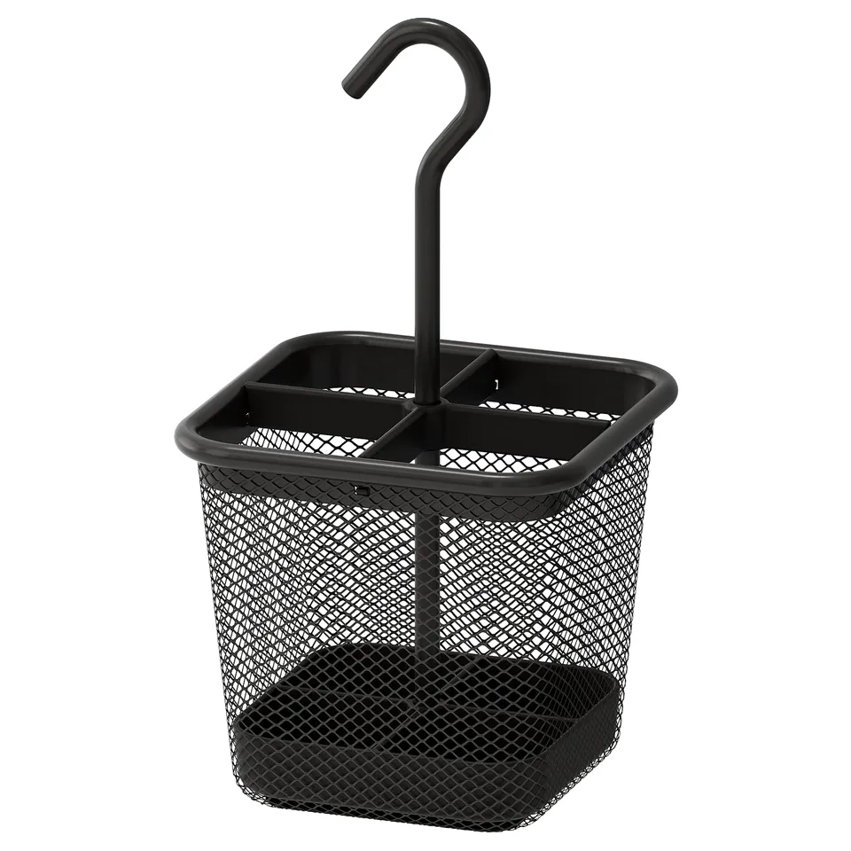 Black hanging cutlery basket with 4 compartments and handle. Mesh design, square shape, suitable for organising kitchen utensils.