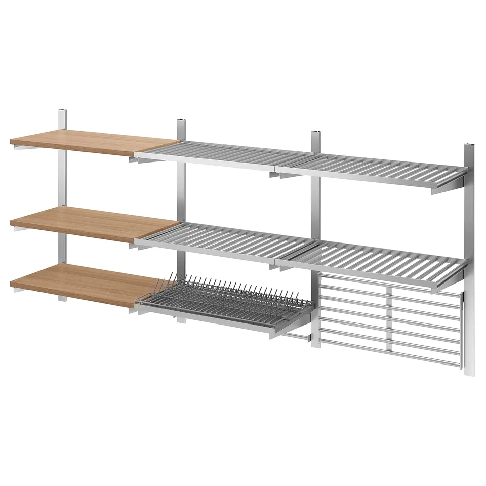 KUNGSFORS wall shelves: stainless steel & wood. Three-tiered, modern, space-saving.