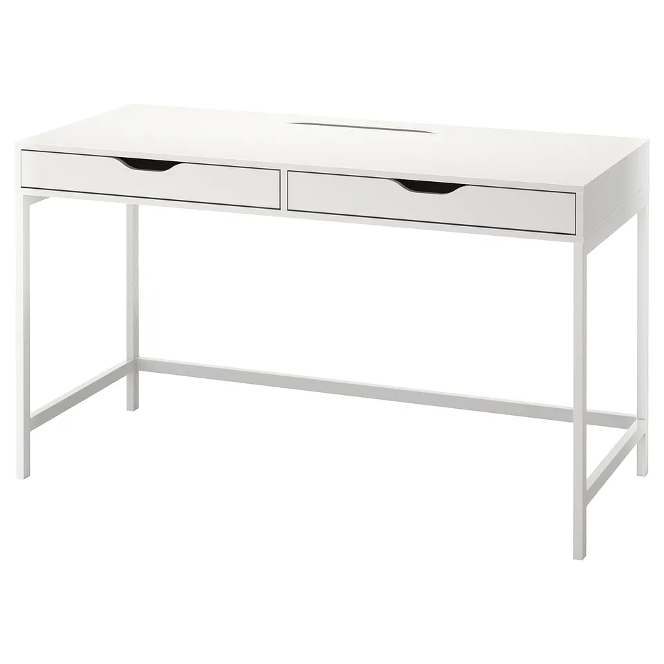 White ALEX desk with minimalist design, two drawers, clean lines.