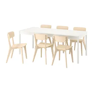TONSTAD / LISABO table and 6 chairs, off-white/ash, 200x85 cm