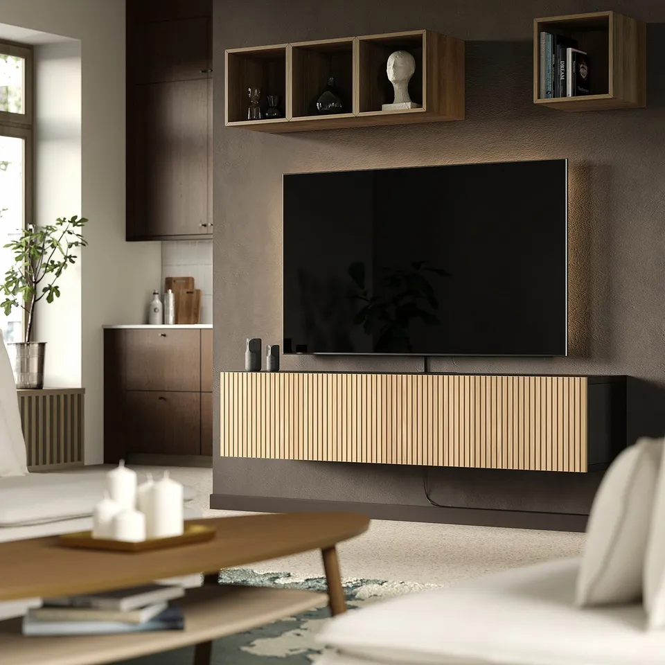 BESTÅ TV bench with doors, black-brown Björköviken/oak veneer, 180x42x38 cm