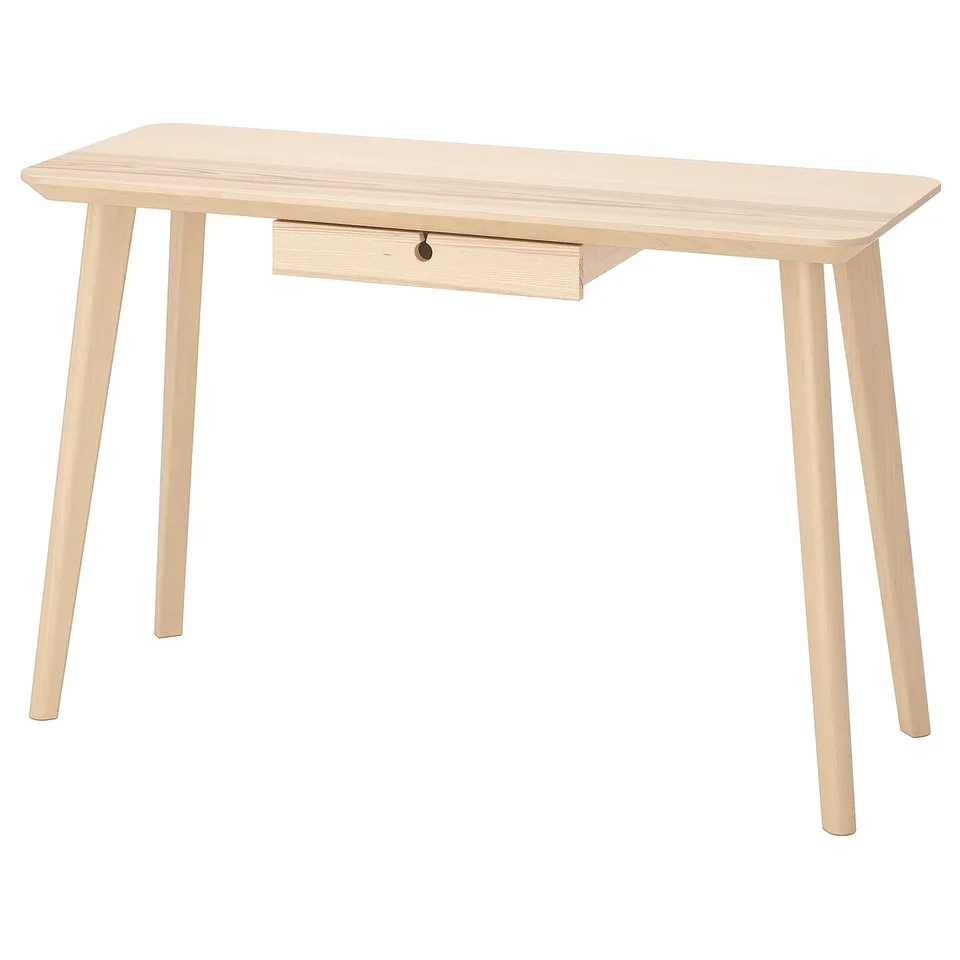 LISABO light wood desk with single drawer, light natural grain, four angled legs.