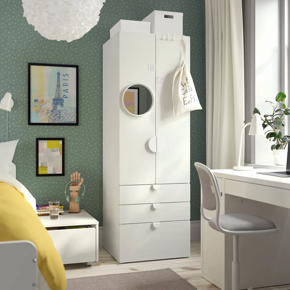 SMÅSTAD wardrobe: tall, white, round doors, drawers, mirror, soft-close hinges, fits childs room