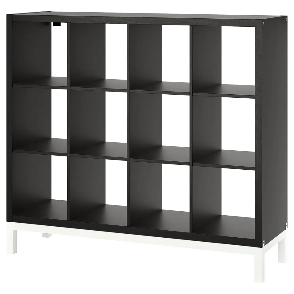 KALLAX black shelving unit with 12 cube storage, splendid design, and white frame.