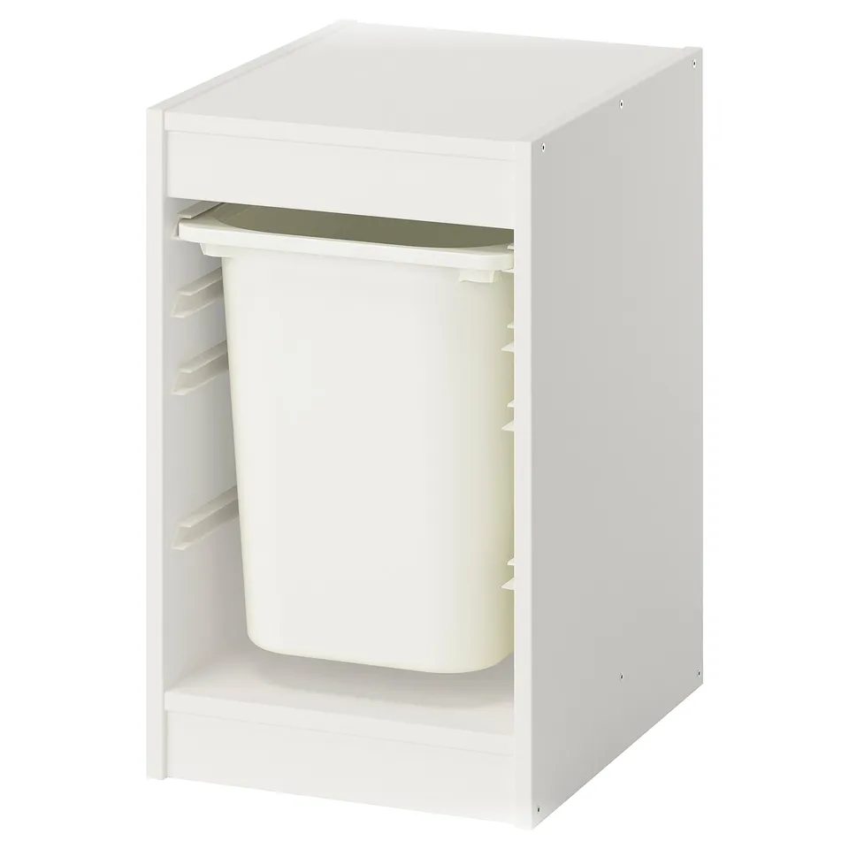White TROFAST storage unit, rectangular, holds white bins, simple design.