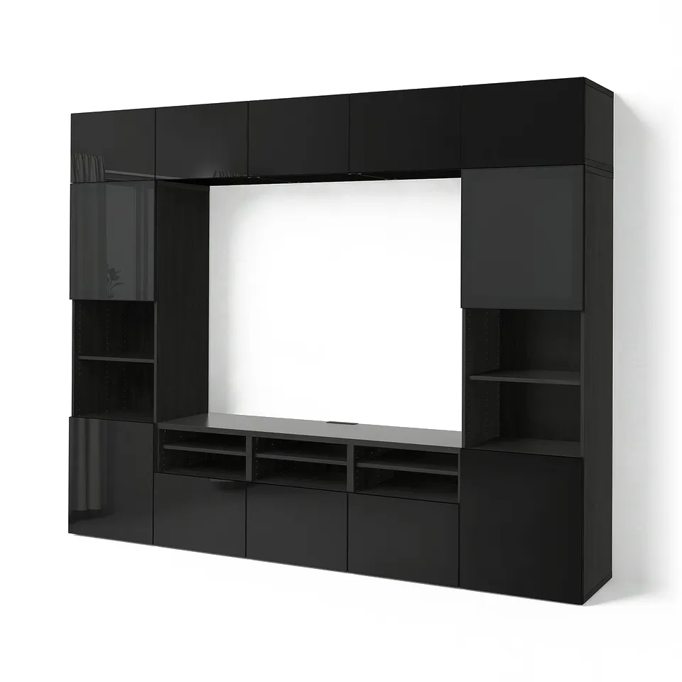 BESTÅ TV storage combination/glass doors, black-brown/Selsviken high-gloss/black smoked glass, 300x42x231 cm