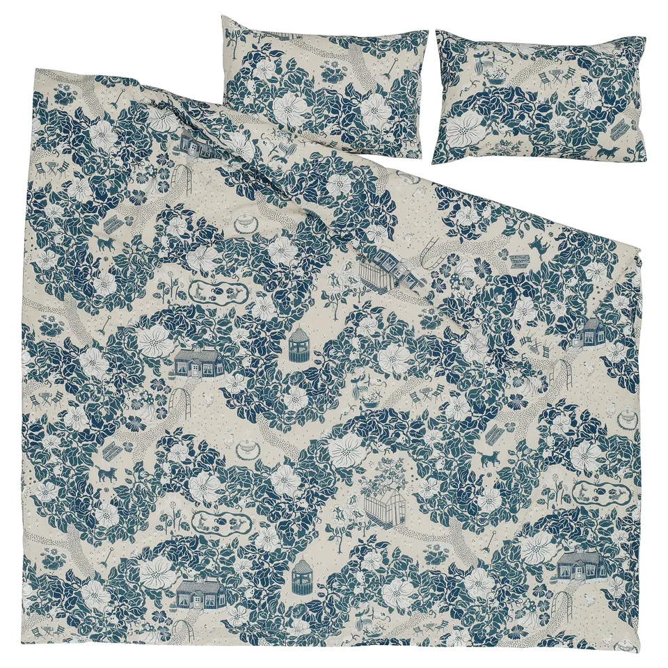 Bedding set, blue floral pattern, cream background, 3 pieces, recycled cotton, lyocell.