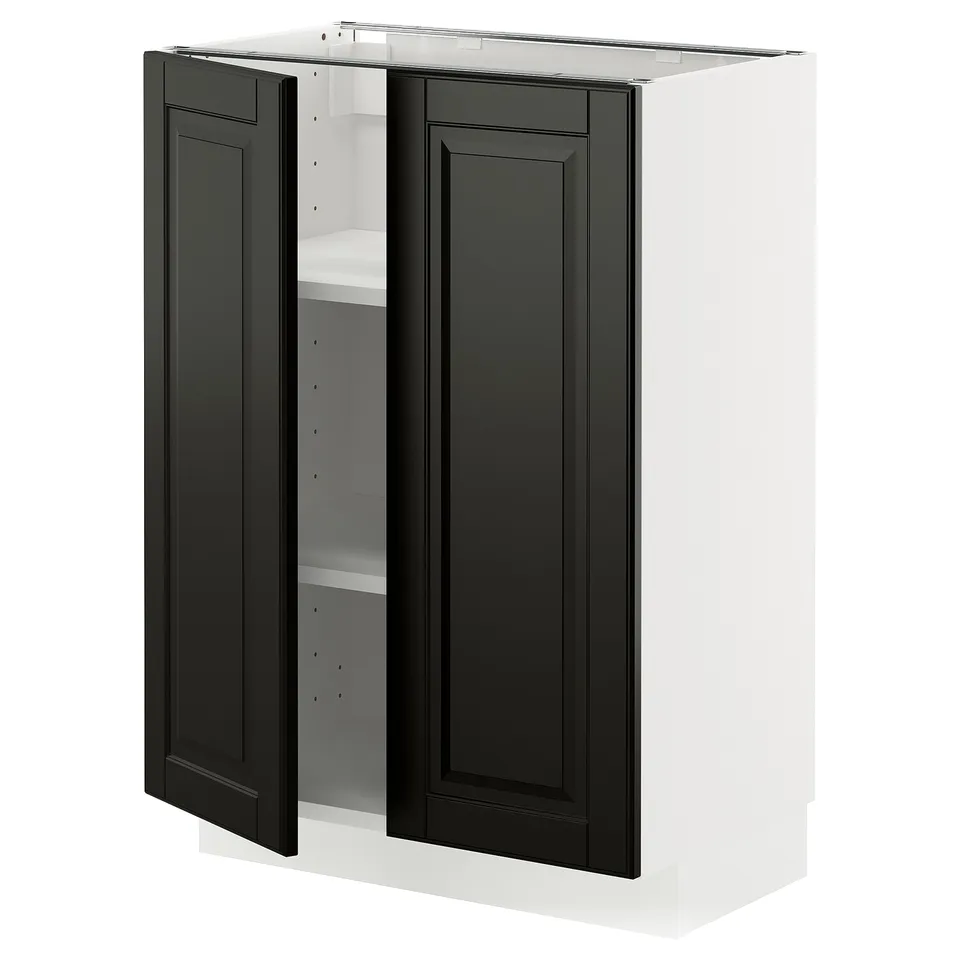 METOD kitchen cabinet with black bodbyn doors open, white base.