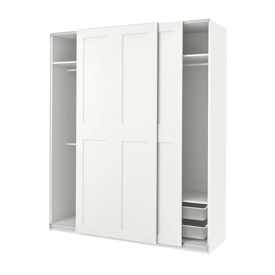A white PAX wardrobe with sliding doors and internal shelves.