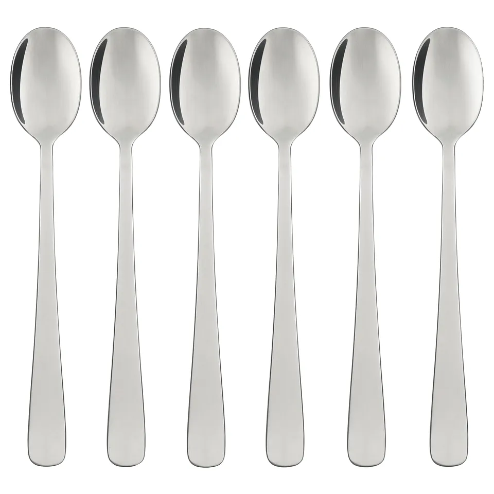 Six polished stainless steel spoons with evenly rounded bowls, lined neatly in a row; timeless and durable design.