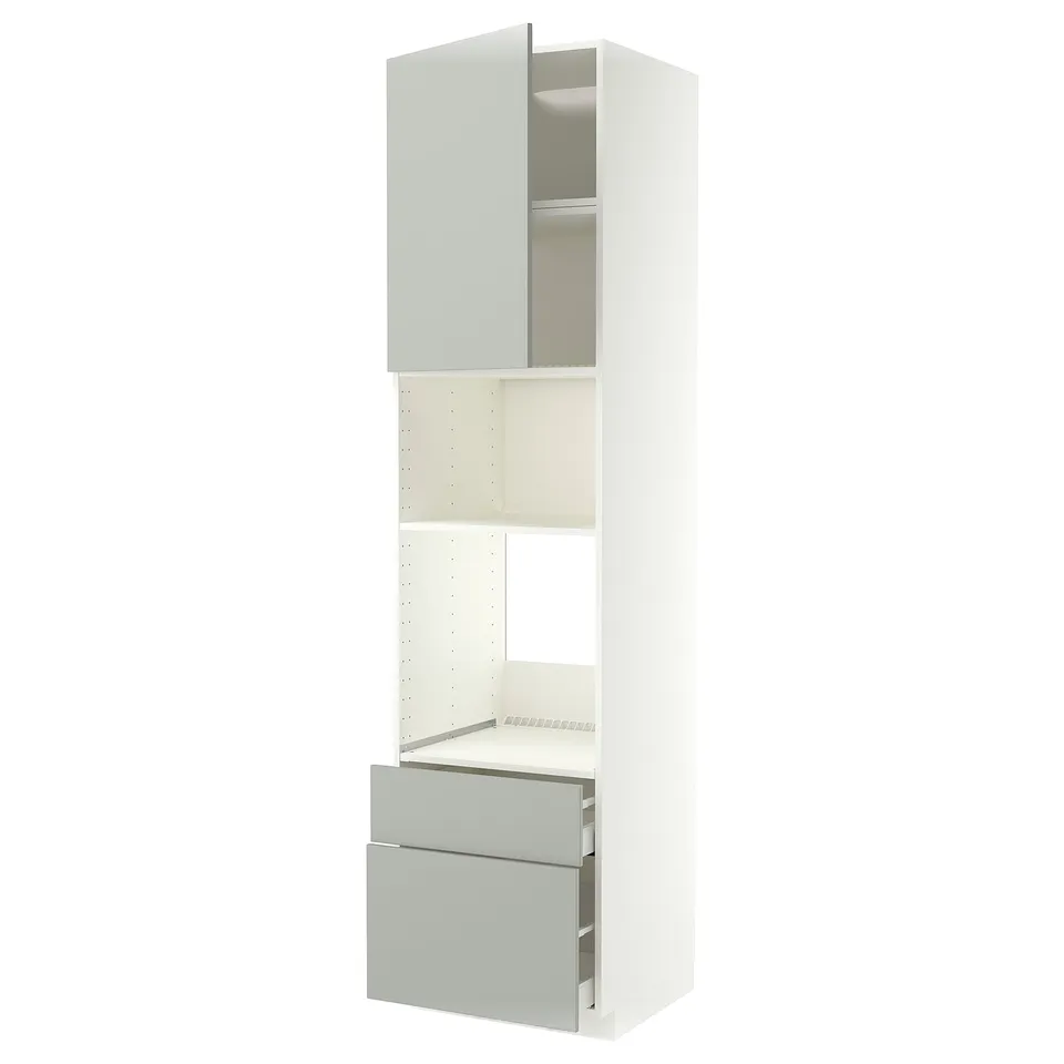 White and grey modern kitchen unit. Cabinet, drawers, and shelves.
