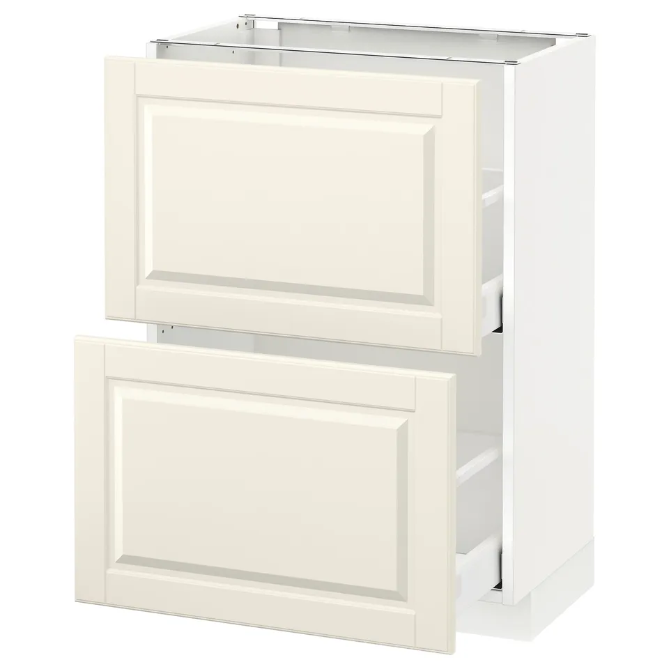 An off-white METOD kitchen cabinet with bevelled edges, featuring a drawer and shelves.