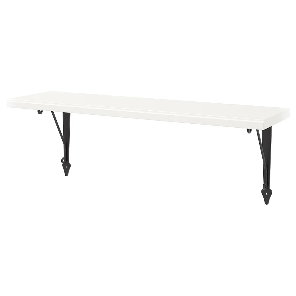 TRANHULT wall shelf, white, wooden, rectangular, two black metal brackets.