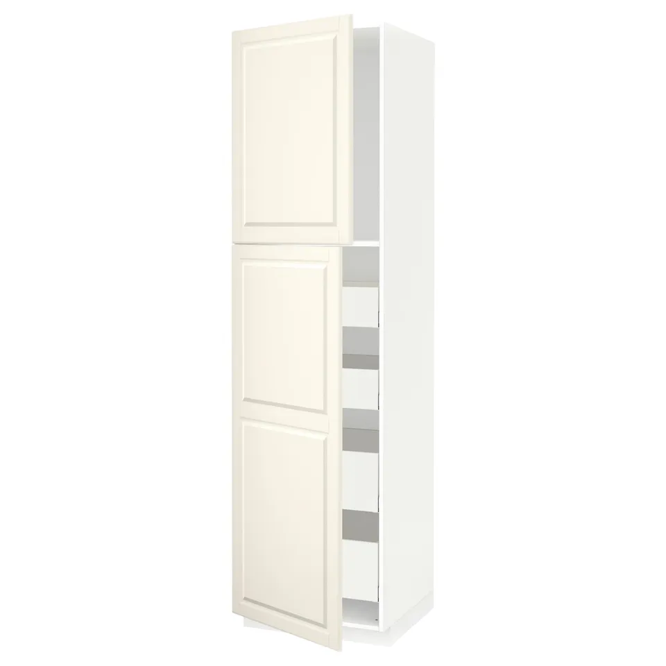 White rocking kitchen cabinet with bevelled edges, featuring two closed compartments and three shelves.
