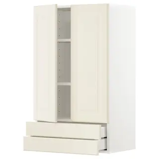 METOD / MAXIMERA wall cabinet w 2 doors/2 drawers, white/Bodbyn off-white, 60x100 cm