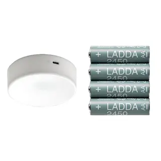 KÖLVATTEN/LADDA set: LED spotlight + rechargeable battery, white/battery-operated + HR06 AA 1.2V, Height 3 cm