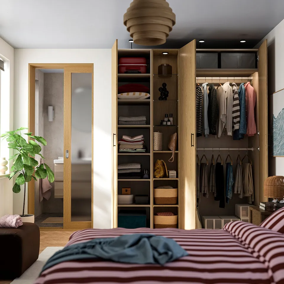 PAX / STORKLINTA Wardrobe combination, grey-beige/oak effect, 185x58x236 cm